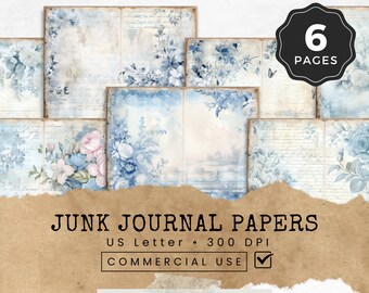 May include: Six digital printable pages of blue toile patterned paper for junk journaling. The papers are 8.5 inches by 11 inches and 300 DPI. They are for commercial use.