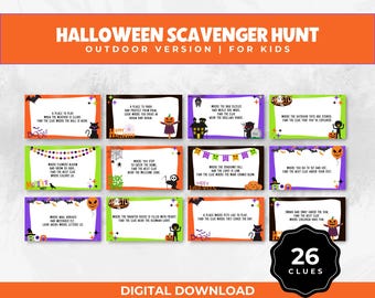 Halloween Outdoor Scavenger Hunt Game For Kids and Teens, Tweens Outdoor Treasure Hunt Clues, Fun Printable Indoor Birthday Party Activity