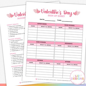 Potluck Sign-Up Sheet zum Valentinstag, druckbare Vorlage zur Anmeldung von Lebensmitteln für Büro, Schule oder Klassenfeier, Partyplaner zum Valentinstag