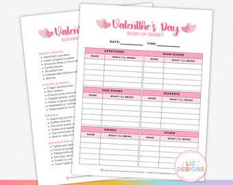 Valentine’s Day Potluck Sign-Up Sheet, Printable Food Sign-Up Template for Office, School, or Class Party, Valentine’s Party Planner