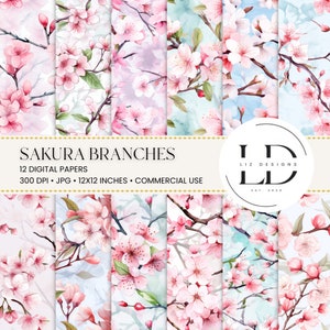 Sakura Digitales Papier, Kirschblüten Digitale Papiere, Druckbares Scrapbook Papier, Aquarell Floral Nahtlose Muster Botanische Papierpackung