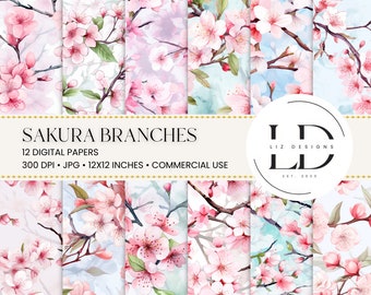 Papel digital Sakura, papeles digitales de flor de cerezo, papel para álbum de recortes imprimible, paquete de papel botánico con estampado floral sin costuras de acuarela
