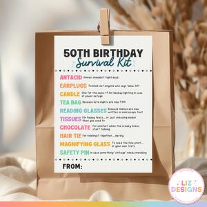 50th Birthday Survival Kit Tag, Funny Gag Gift for Friends, Printable Milestone Birthday Gift, Novelty Survival Kit Label, Party Favor