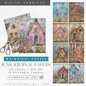 Papiery do dzienników śmieciowych Whimsical Houses, domy wiejskie w stylu shabby chic mixed media, efemerydy i tworzenie kartek, elementy vintage, cyfrowe rzemiosło papierowe