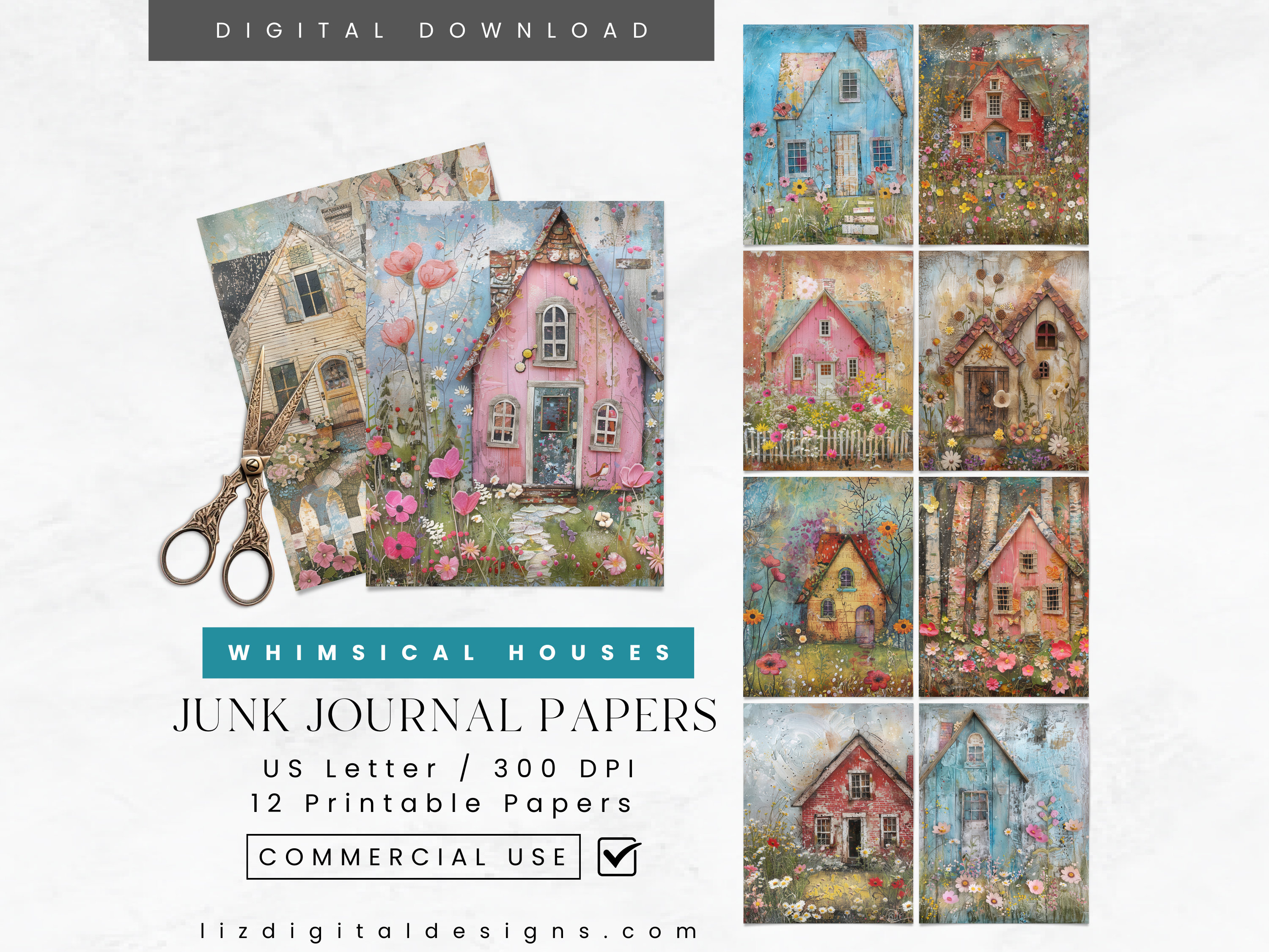 Whimsical Houses Junk Journal Papers, Shabby Chic Mixed Media Farm ...