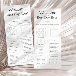 May include: Two wedding activity sheets with the text "Welcome to the Best Day Ever!" in black. The sheets include games like Tic-Tac-Toe, word search, and a photo scavenger hunt. The background is a neutral color.