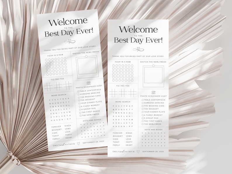 May include: Two wedding activity sheets with the text "Welcome to the Best Day Ever!" in black. The sheets include games like Tic-Tac-Toe, word search, and a photo scavenger hunt. The background is a neutral color.