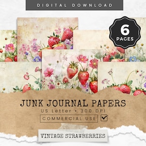 Pages de journal indésirable vintage fraises et fleurs sauvages, embellissements de papier de scrapbooking, éphémères fraises, papiers de journal indésirable fruits,