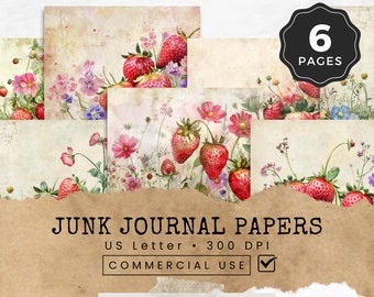 Páginas vintage de diarios basura de fresas y flores silvestres, adornos de papel de scrapbooking, efímeras de fresa, documentos de diarios basura de frutas,