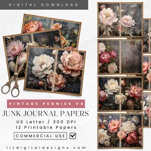 Vintage Pink Red Peonies Junk Journal Pages, Printable Floral Scrapbook Supplies, Digital Collage Sheet, Peony Ephemera Decoupage