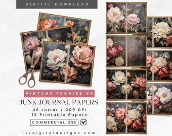 Vintage Pink Red Peonies Junk Journal Pages, Printable Floral Scrapbook Supplies, Digital Collage Sheet, Peony Ephemera Decoupage