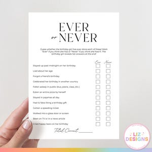 Juego de fiesta de cumpleaños "Ever or Never" para ella, juego "Nunca lo he hecho", divertido juego de fiesta imprimible, juego de cumpleaños para niña, juegos de cumpleaños para adultos