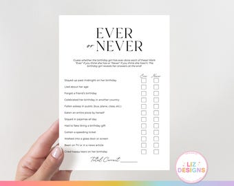 Juego de fiesta de cumpleaños "Ever or Never" para ella, juego "Nunca lo he hecho", divertido juego de fiesta imprimible, juego de cumpleaños para niña, juegos de cumpleaños para adultos