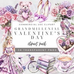 Grandmillenial Watercolor Valentine&#39;s Day Clipart Pack, Purple Floral Valentine Clip Art, Preppy Romantic Vintage Floral Elements