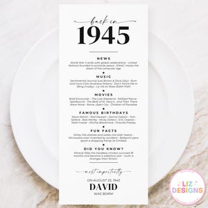 パーソナライズされた 1945 年生まれの誕生日テーブル席札、1945 年生まれの誕生日パーティーの装飾と記念品、カスタム 80 歳の誕生日席札 (印刷可能)