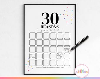 Regalo de cumpleaños imprimible con 30 razones por las que te amamos, libro de visitas para la fiesta de 30 años, póster de hitos, 30 cosas que amamos de ti, letrero de recuerdos de cumpleaños.