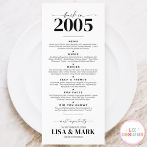 Carte personnalisée « Marié en 2005 » pour décor de table d'anniversaire de mariage, décoration d'anniversaire de jalon, faits amusants imprimables, anecdotes souvenir