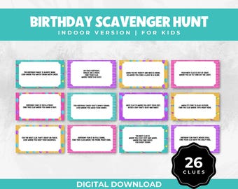 Birthday Indoor Scavenger Hunt Game For Kids and Teens, Fun Printable Indoor Birthday Party Game, Indoor Treasure Hunt Clue Cards for Tweens