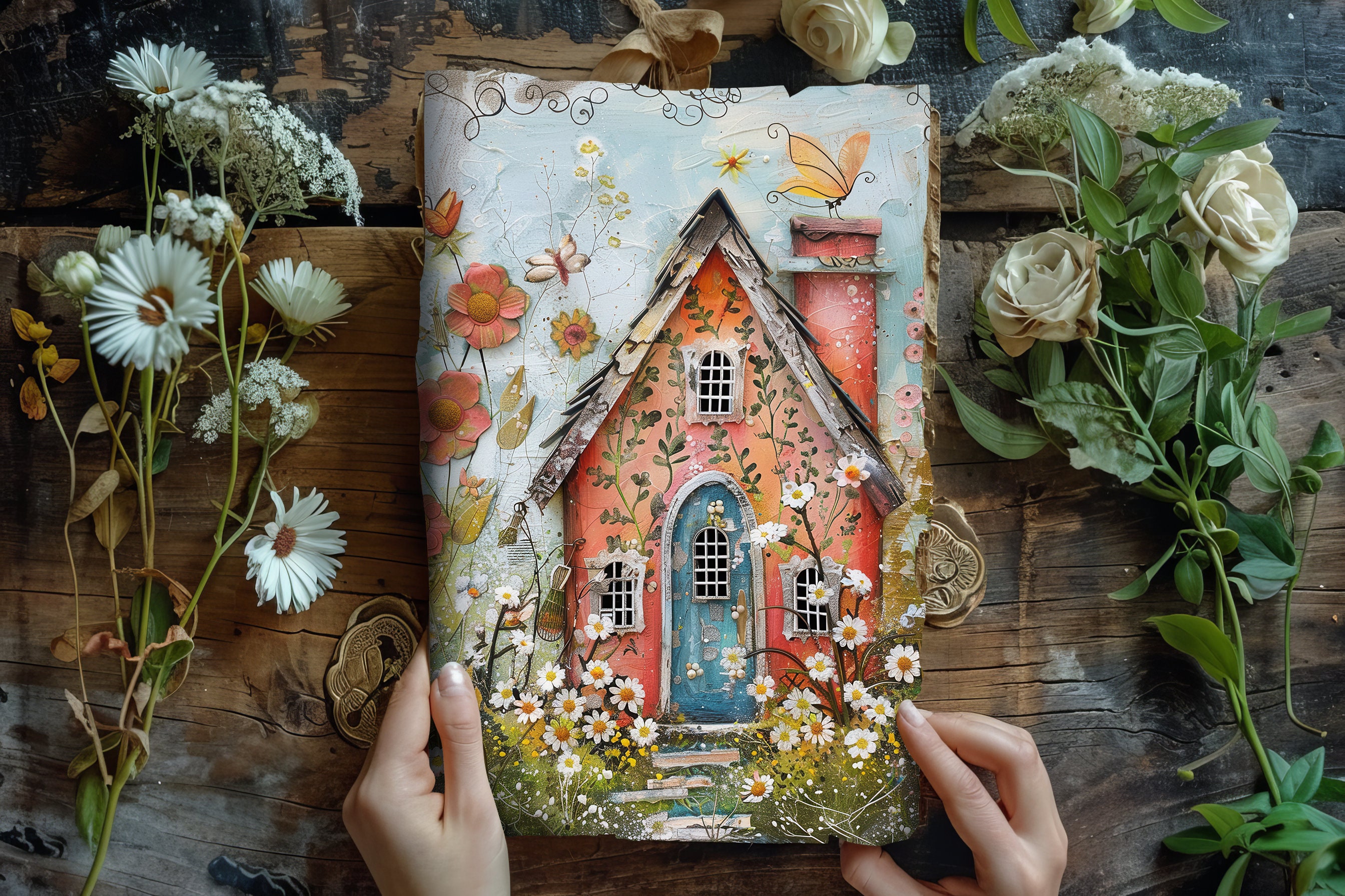 Whimsical Houses Junk Journal Papers, Shabby Chic Mixed Media Farm ...