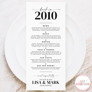 Cartão personalizado para mesa de aniversário de casamento de 2010, decoração de aniversário comemorativo, curiosidades para imprimir, lembrança de curiosidades