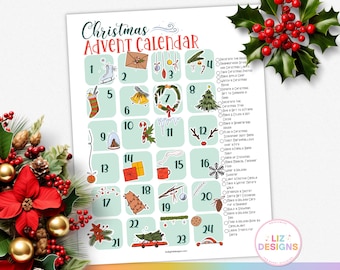 Christmas Advent Calendar with Fun Activities, Green Printable Kids Countdown, Family Holiday Countdown, Xmas Advent Activities