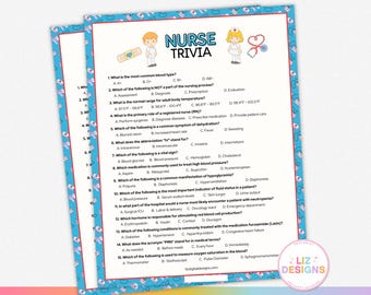 May include: A printable nurse trivia game with 15 multiple choice questions. The questions cover topics such as blood types, vital signs, common medications, and nursing procedures. The game features a cartoon nurse and a stethoscope.