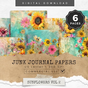 Sunflower Junk Journal Printable Pages, Sunflowers Vintage Ephemera and Journaling Papers, Scrapbooking Supplies, Paper Crafts, Mixed Media