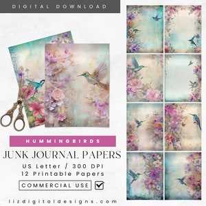 Hummingbird Junk Journal Paper, Watercolor Collage Sheets, Floral Scrapbook Printable Paper, Digital Paper Prints, Paper Craft, Vintage Bird