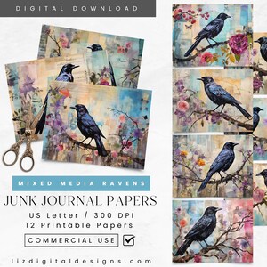 Black Raven Junk Journal Pages, Gothic Raven Crow Journal Digital Papers, Scrapbook Pages, Vintage Gothic Ephemera, Black Bird Collage Sheet