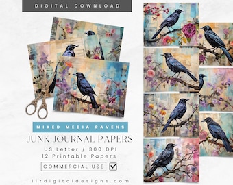 Black Raven Junk Journal Pages, Gothic Raven Crow Journal Digital Papers, Scrapbook Pages, Vintage Gothic Ephemera, Black Bird Collage Sheet