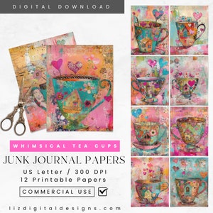 Fantazyjne filiżanki do herbaty i domy Junk Journal Papers, strony do scrapbookingu i techniki mieszanej, arkusze do druku kolażowego, fantazyjne zabytkowe efemerydy