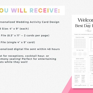 May include: A wedding activity card design with the text "Welcome to the Best Day Ever!" includes games and activities. The card is 4" x 9" and features a photo scavenger hunt and other fun elements.