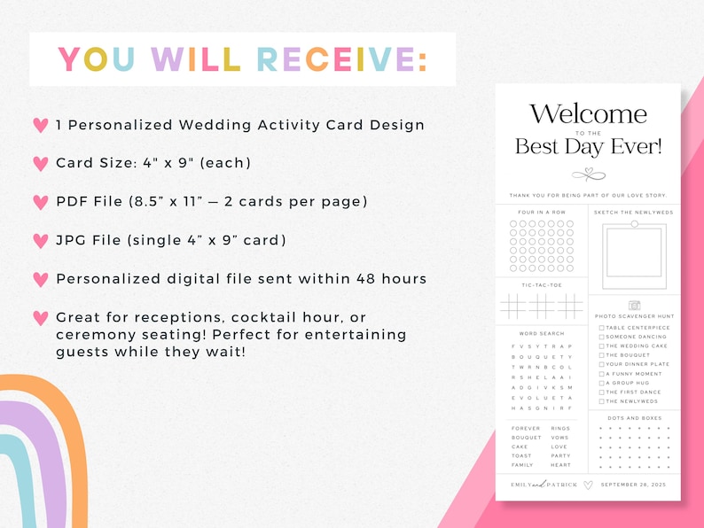 May include: A wedding activity card design with the text "Welcome to the Best Day Ever!" includes games and activities. The card is 4" x 9" and features a photo scavenger hunt and other fun elements.