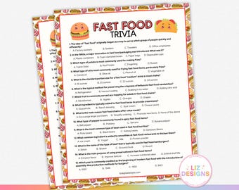 Trivia de comida rápida, trivia imprimible para la noche de juegos en familia, trivia de pub con temática de comida, juegos de fiesta para romper el hielo, concurso de comida