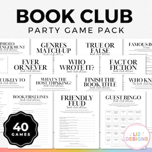 40 gier Book Club, zestaw aktywności do druku na spotkania Book Club, gra i dyskusja Icebreaker, quiz książkowy i bingo, gry imprezowe dla miłośników książek