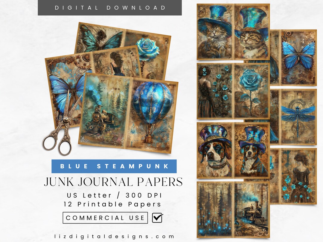 Blue Steampunk Junk Journal Papers, Scrapbook Kit Vintage Ephemera ...
