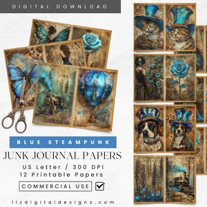 Blue Steampunk Junk Journal Papers, Scrapbook Kit Vintage Ephemera, Collage Sheet, Digital Industrial Paper, Mechanical Scrapbook Pages