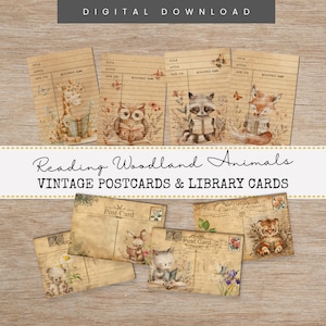 Cartoline di diario di rifiuti della foresta di Woodland, schede della biblioteca, animali digitali del bosco, album di ritagli di animali floreali vintage, effimeri della foresta ad acquerello