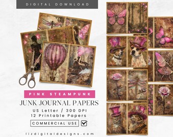 Pink Steampunk Decoupage Junk Journal Papers, Vintage Rose Steampunk Ephemera, Digital Printable Scrapbook Junk Journal, Collage Sheet