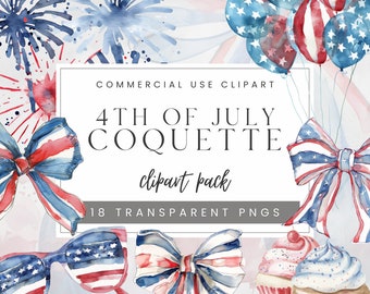Watercolor 4th of July Coquette Clipart, Independence Day Patriotic Bows, Red White Blue Bows, American Flag and Fireworks PNG