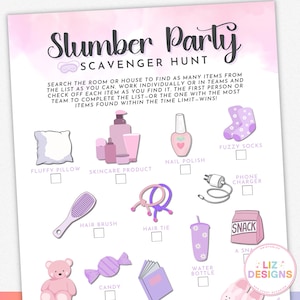 May include: A pink and purple printable slumber party scavenger hunt game with a list of items to find, including fuzzy socks, nail polish, a fluffy pillow, skincare products, a hair brush, a hair tie, a phone charger, a water bottle, candy, and a snack.