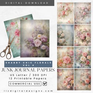 Documenti di diario spazzatura con fiori shabby chic, pagine di diario digitale con fiori vintage, oggetti effimeri stampabili rosa, lavoretti con la carta, forniture per album di ritagli