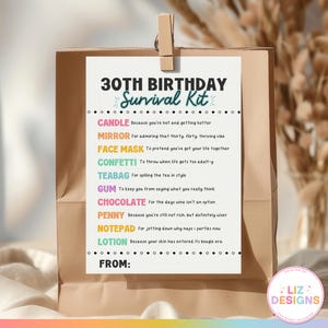 30th Birthday Survival Kit Tag, Funny Milestone Birthday Gag Gift, Printable Gifts for Friends, Novelty Survival Kit, Funny Gift Tag Label