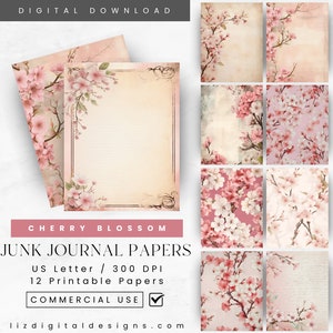 Papeles de álbum de recortes para diarios digitales / Kit imprimible para diarios con flores de cerezo vintage / Papeles de diario digital efímeros / Uso comercial