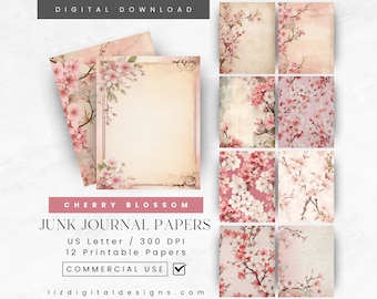 Digital Junk Journal Scrapbook Papers | Vintage Cherry Blossom Journal Printable Kit | Ephemera Digital Journaling Papers  | Commercial Use