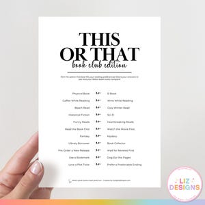 Book Club Icebreaker, Printable This or That for Book Club Meeting, Book Club Party Game Ideas, Conversation Starter, Icebreaker Questions