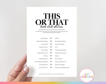 Book Club Icebreaker, Printable This or That for Book Club Meeting, Book Club Party Game Ideas, Conversation Starter, Icebreaker Questions