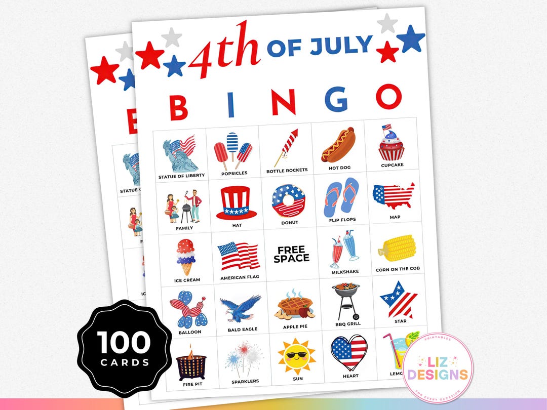 4th of July Bingo Game, 100 Printable Cards, Patriotic Party Game for ...