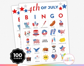 4th of July Bingo Game, 100 Printable Cards, Patriotic Party Game for Kids & Adults, Fourth of July Family Games, Independence Day Activity