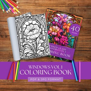 40 Flower Stained Glass Window Coloring Pages for Adults and Kids, Stress Relief Coloring Book, Printable Adult Grayscale Coloring Book